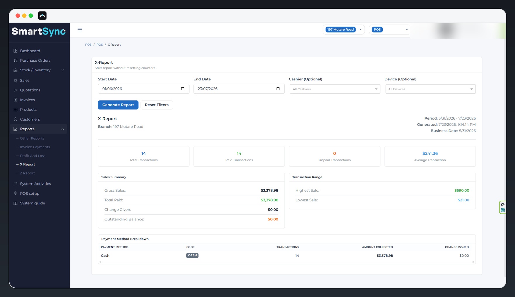 SmartSync POS X report shift summary