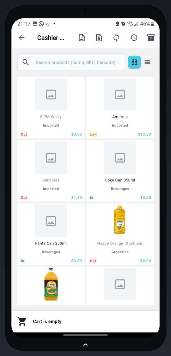SmartSync mobile point of sale cashier screen with product grid