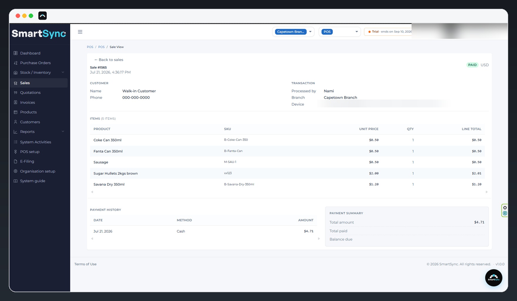 SmartSync POS sale detail view