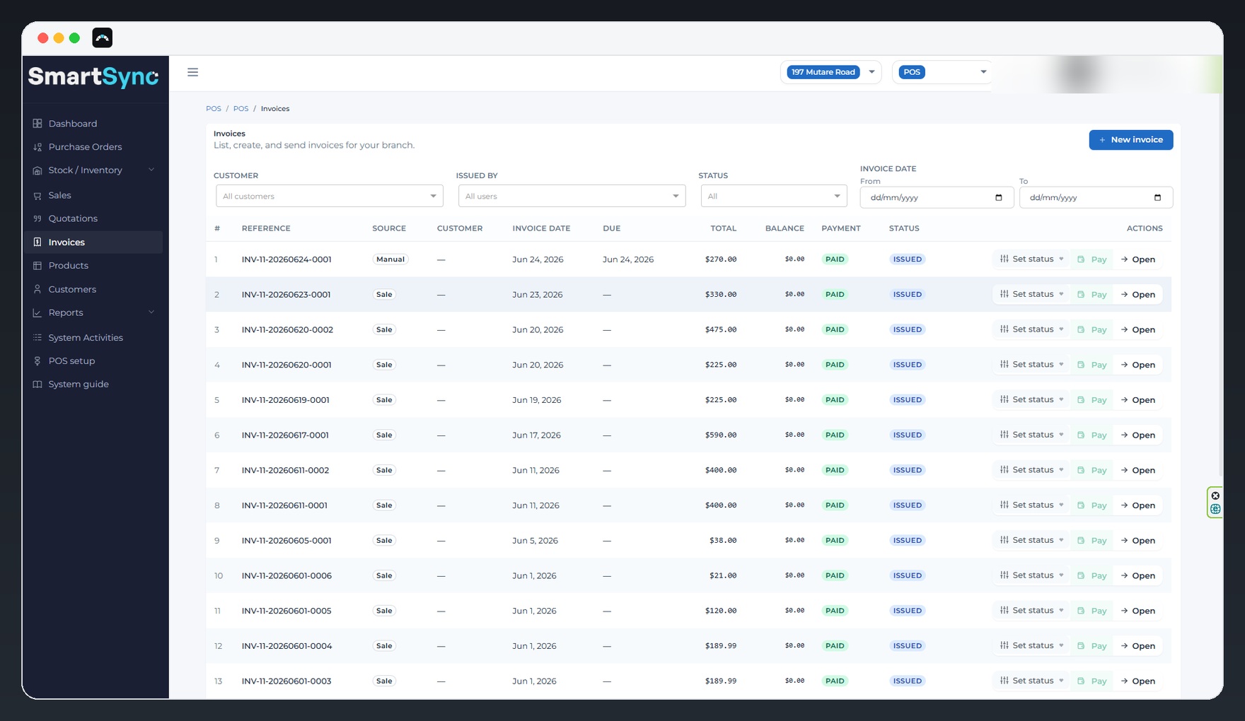SmartSync POS invoices list