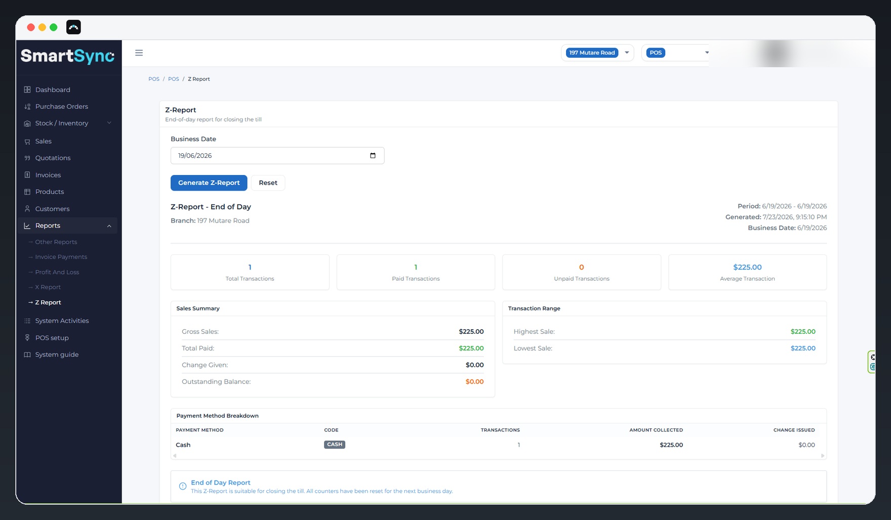 SmartSync POS Z report