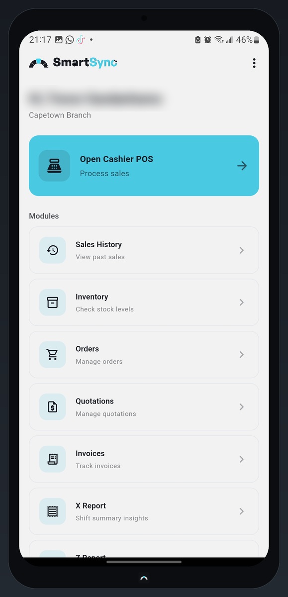 SmartSync mobile POS home screen