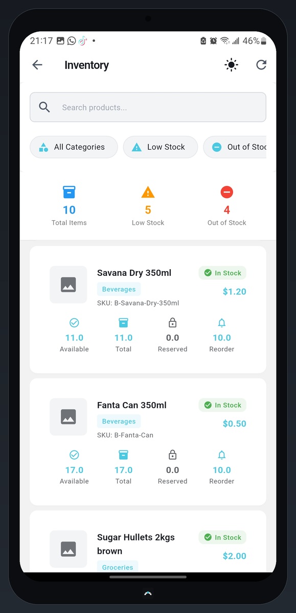 SmartSync mobile POS inventory list