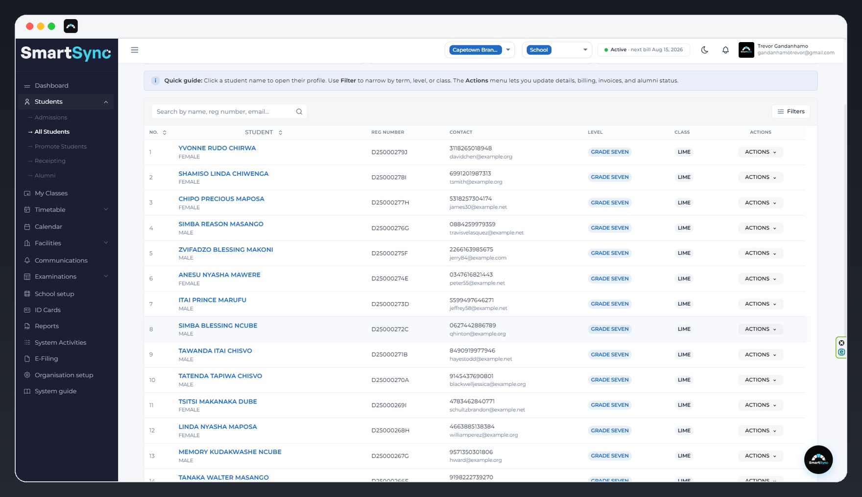 SmartSync all students list