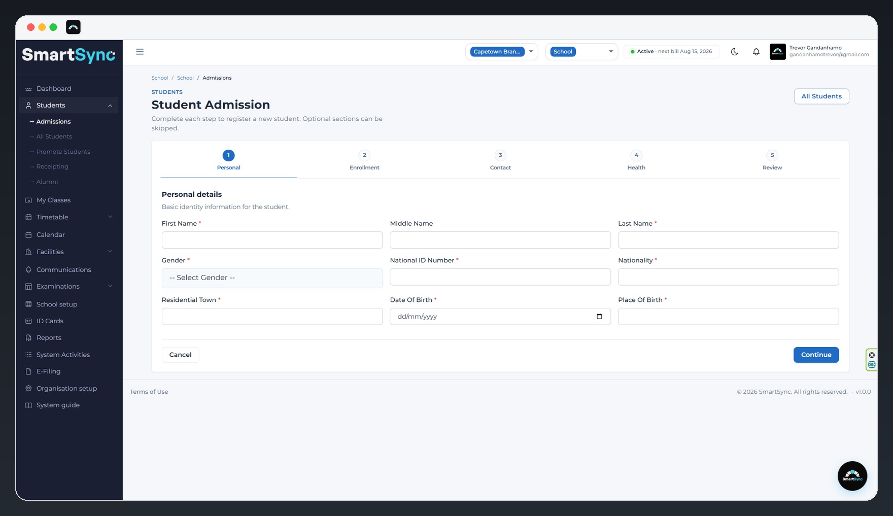 SmartSync student admission form