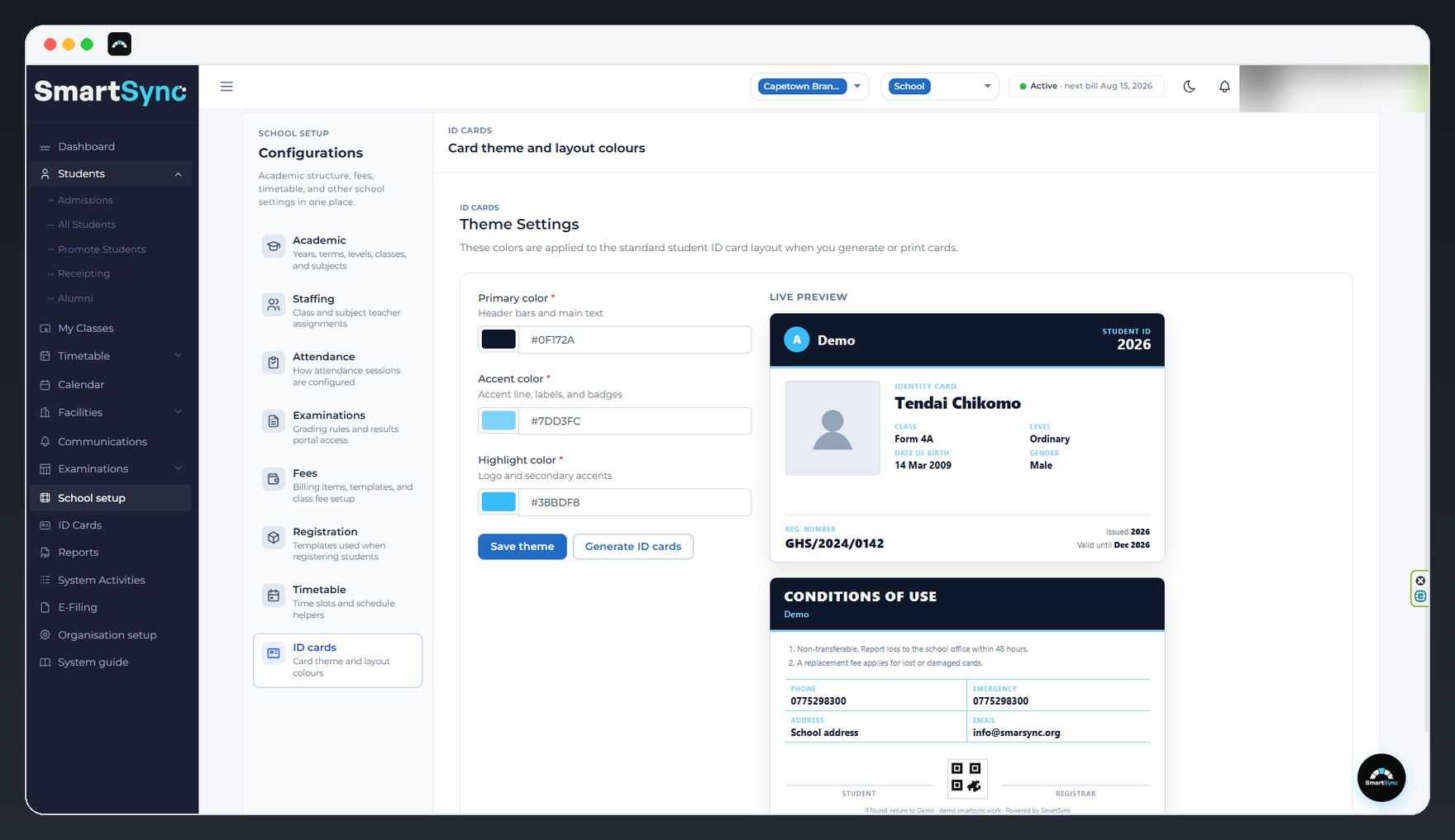 SmartSync student ID card theme settings