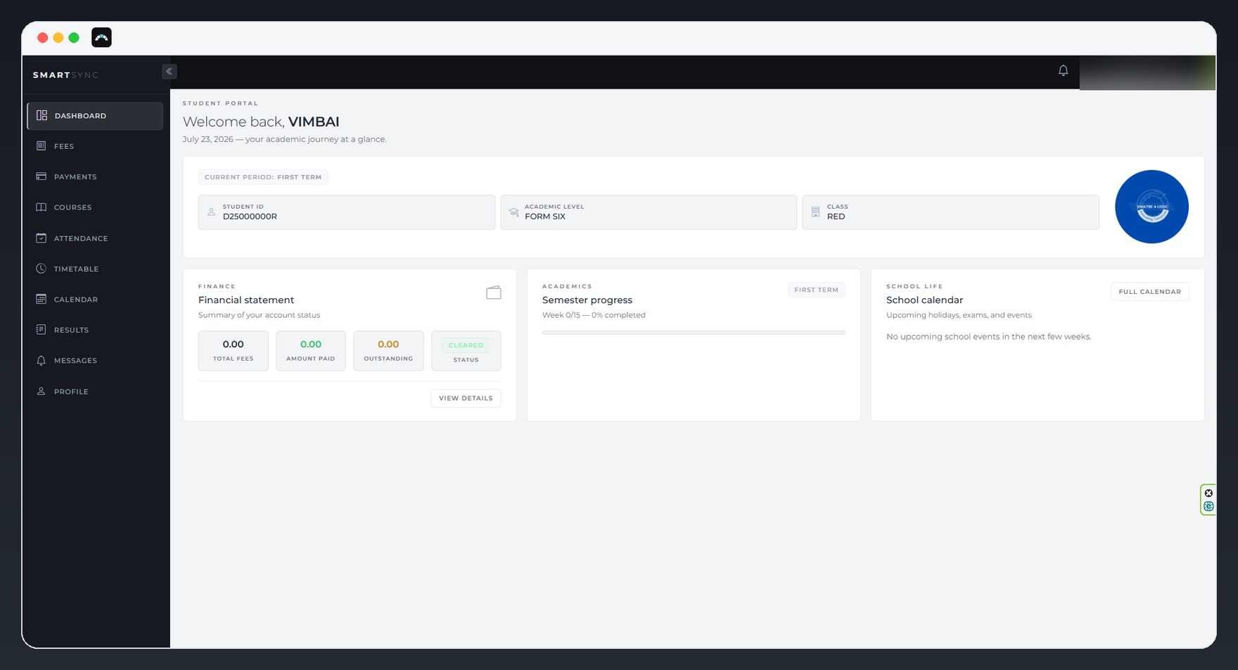 SmartSync student portal dashboard