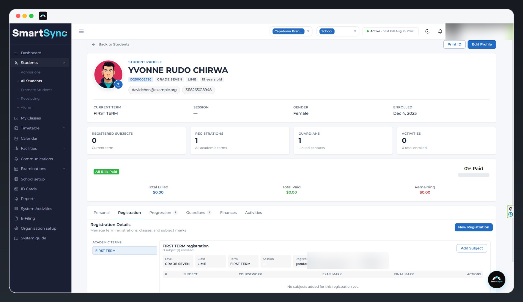 SmartSync student profile detail